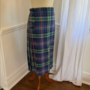 Authentic Scottish Blue and Green Plaid Wool Midi Kilt Skirt